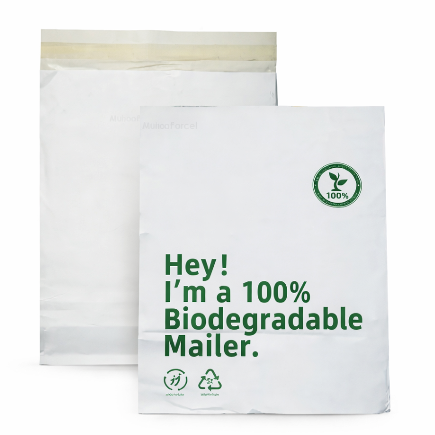 Biodegradable mailer with green text and logos on a white background