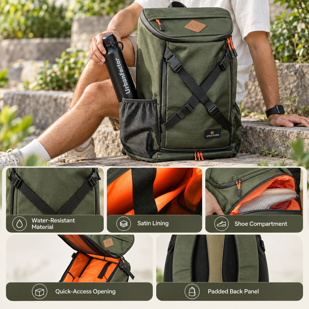 Urban Factor Stocky 30L Water-Resistant Travel Backpack – Army Green