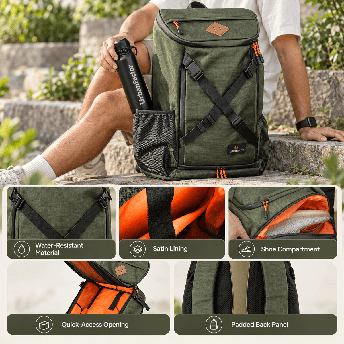 Urban Factor Stocky 30L Water-Resistant Travel Backpack – Army Green - Bumibox
